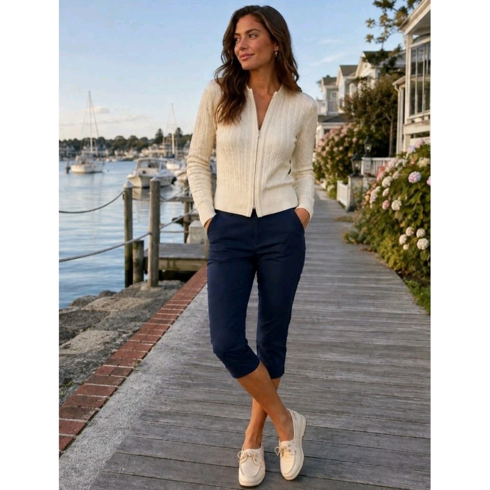 Tommy Hilfiger Cream Cable Knit Zip Up Cardigan Sweater S Petite Preppy